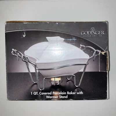 Godinger 1-Quart Covered Porcelain Baker with Chrome Plated Warmer Stand NEW! - Image 1 of 4