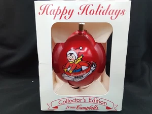1996 COLLECTORS EDITION RED BOY SLED CAMBELL'S SOUP GLASS BALL ORNAMENT VTG NEW - Picture 1 of 15