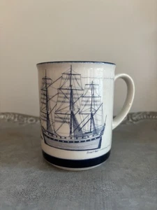 Vtg Bruce E Hart White Blue Sailing Ship Frigate Coffee Mug - Picture 1 of 5