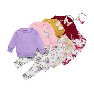 Toddler Girls Outfits Long Sleeve Hoodie Floral Print Pants Set With Headband - Picture 1 of 21