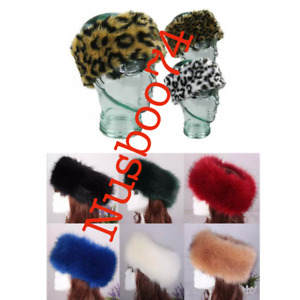  Womens Fluffy Faux Fur Hat Warm Headband Animal Print Leopard Plain