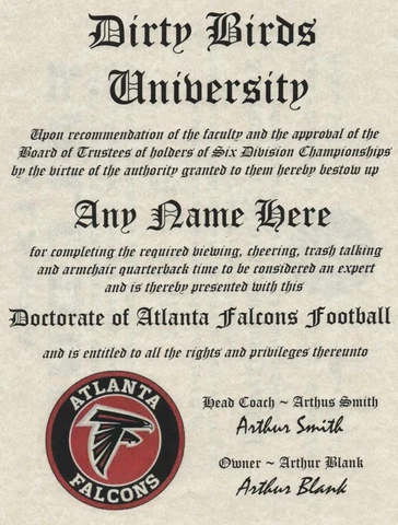 ATLANTA FALCONS FAN  CERTIFICATE  DIPLOMA  MAN CAVE  DIRTY BIRDS FREE SHIPPING Cover