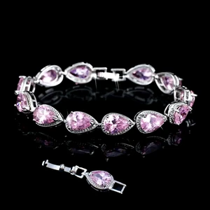 18k White Gold Plated Pink Topaz Tennis Bracelet made w Swarovski Crystal Stone - Picture 1 of 7