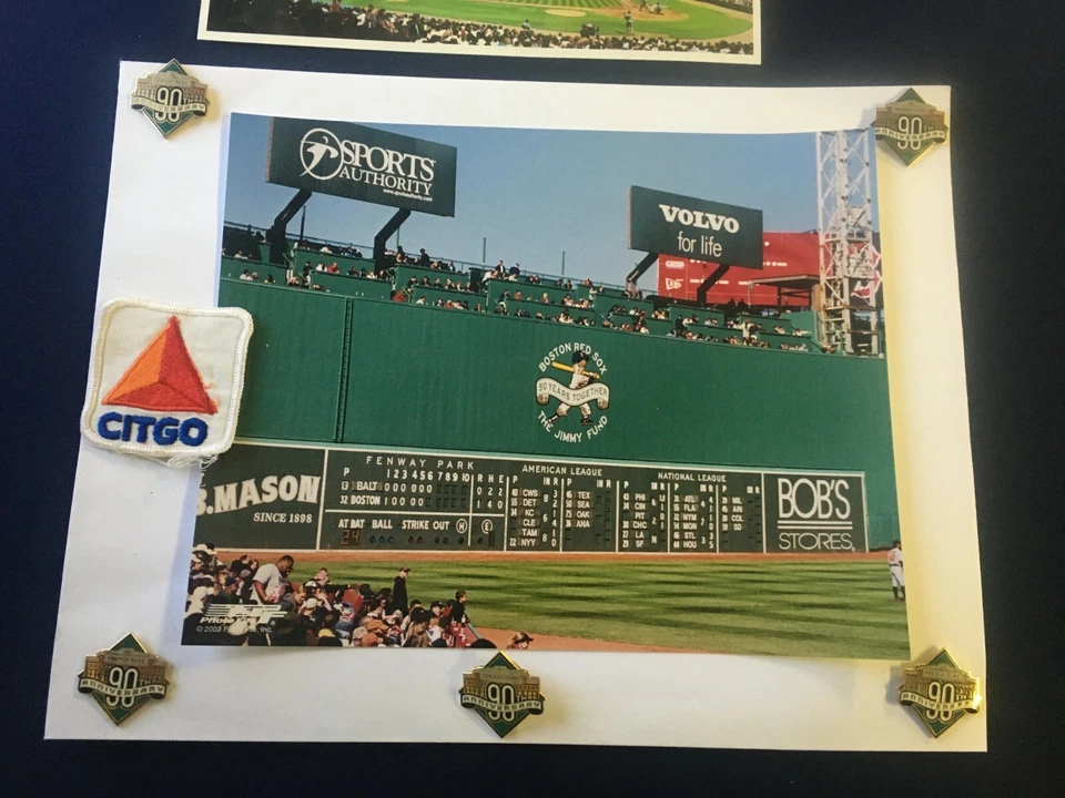 Green Monster 8 x 10 Art Card Citgo Patch and (5) pins celebrating Fenway 90th! - Image 1 of 4