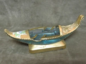 Vintage Pressed Glass Light Blue Gondola Boat Ashtray w/Enamel Flower Gilt Trim - Picture 1 of 3