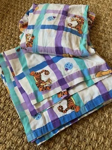 Vintage Disney Winnie The Pooh Tigger Twin Flat Fitted Sheet Set Ladybugs Plaid  - Picture 1 of 3