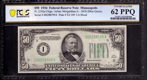 1934 $50 FEDERAL RESERVE NOTE MINNEAPOLIS FR.2102-I DGS PCGS B UNC 62 PPQ - Picture 1 of 4