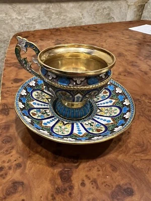 Antigua taza de té y platillo ruso dorado 916 del siglo XIX 303 gramos Foto 1 de 4