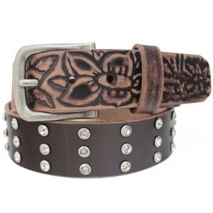 LWFEB - Westerngürtel aus Vollnarbenleder mit Blumenprägung und Strass, braun S/31 - Bild 1 von 5