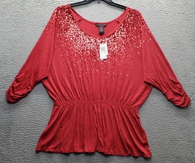 Blusa Top Grace Elements Mujer XL Roja Lentejuelas Elastizada Cuello Redondo Cintura Imperio Foto 1 de 4