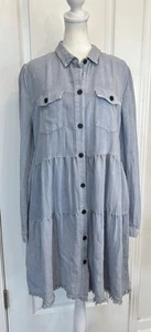UMGEE Chambray Denim Tiered Shirt Dress Medium Button Up Fringe Hem Pockets Boho - Picture 1 of 24