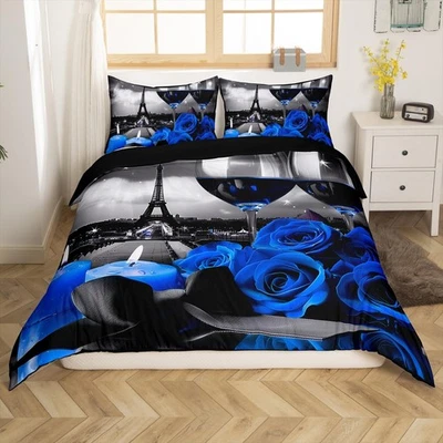Rose Wine Glass Duvet Cover for Girls Eiffel Tower Bedding Set Queen Size Blu... - Photo 1/4