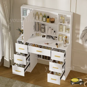 Dressing Table With LED Lights Makeup Mirror Vanity Desk and 7 Drawers Gold Pull - Picture 1 of 9