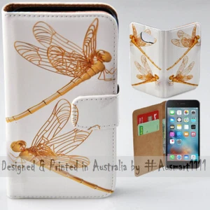 For Apple iPhone Series - Gold Dragonfly Print Wallet Mobile Phone Case Cover - Picture 1 of 3