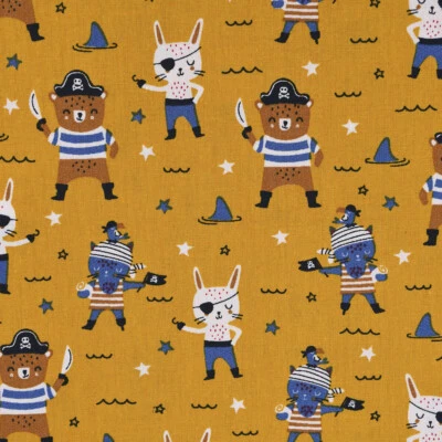 Baumwollstoff Popeline Pirat Hase Bär Sterne ocker blau braun 1,45m Breite - Bild 1 von 4