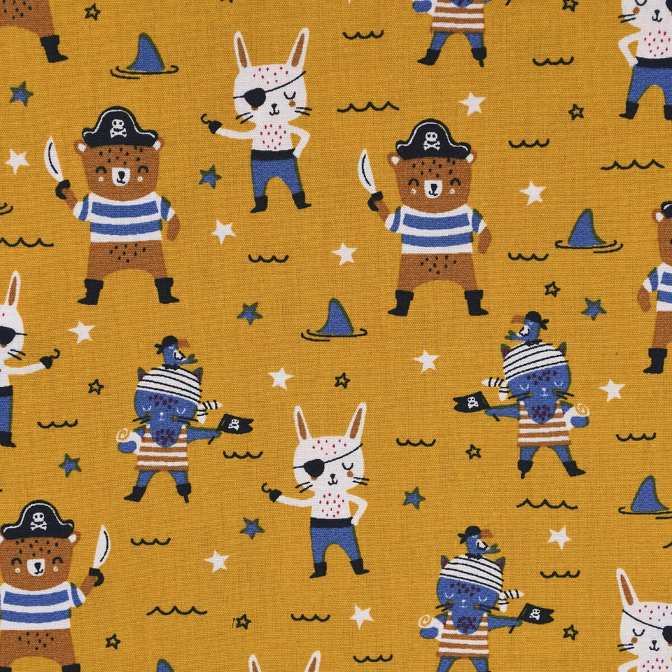 Baumwollstoff Popeline Pirat Hase Bär Sterne ocker blau braun 1,45m Breite - Bild 1 von 4
