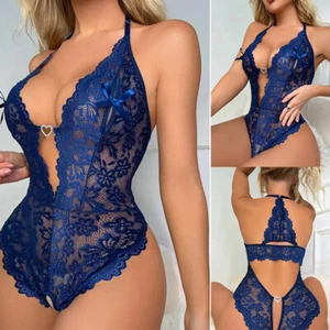 Womens Blue Sexy Deep-V Babydoll Teddy Lingerie Lace Bodysuit Underwear L - Picture 1 of 8