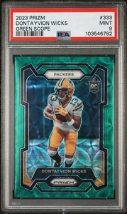 2023 PRIZM DONTAYVION WICKS Green Scope NO HUDDLE ROOKIE RC /75 PACKERS PSA 9 - Picture 1 of 3