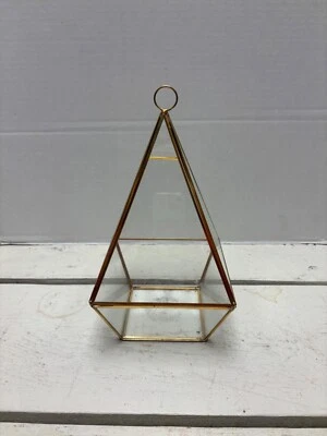 Geometric Glass & Gold Metal Pyramid Terrarium With Hanging Loop - Image 1 of 4