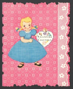 Vintage Valentine's Day Card Cute blonde Blue Dress with braided Pigtails - Picture 1 of 5
