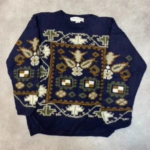 Vintage Knitted Jumper Womens Small Floral 100% Wool Pullover Sweater, Navy - Picture 1 of 10