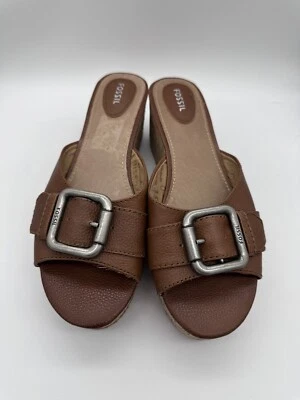 Fossil Brown Leather Malea Cork Wedge Platform Slide Sandal Women US 11 New - Image 1 of 4