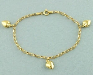9ct Oro Amarillo Cadena Belcher Tres Pulsera Corazón Abalorio 18.5cm/18.3cm - Imagen 1 de 3