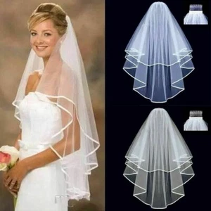NEW Wedding Bridal Veil Satin Edge With Comb Elbow Elegant Cathedral White Ivory - Picture 1 of 14