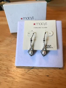 Genuine Pearl and Marcasite  sterling 925 Fish Hook Hanging earrings. Macys. new - Picture 1 of 6