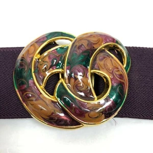 Vtg 80s Stretch Cinch Waist Belt Purple Swirl Enamel Buckle M L Women Wide USA - Picture 1 of 7