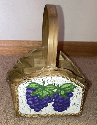 Vintage 1990s Grapes Woven Reed Basket Small Rustic Handmade Hand Painted Fruit - Image 1 of 4