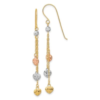 55mm 14k Yellow, White & Rose Gold Shiny-Cut Triple Heart Dangle Hook Earrings - Image 1 of 4