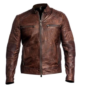 Herren Biker Vintage Motorrad abgenutzt Cafe Racer Lederjacke kostenloser Versand - Bild 1 von 4