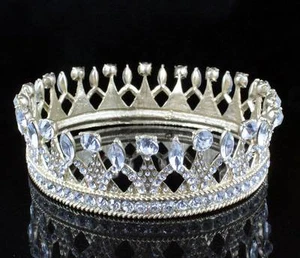 DIGNITY FULL CROWN CLEAR AUSTRIAN CRYSTAL RHINESTONE TIARA PAGEANT T11986 GOLD - Imagen 1 de 6
