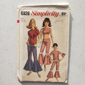 70er Jahre Vintage 34" Büste Simplicity 6928 Glocke Trompete Hose Top Schnittmuster - Bild 1 von 8