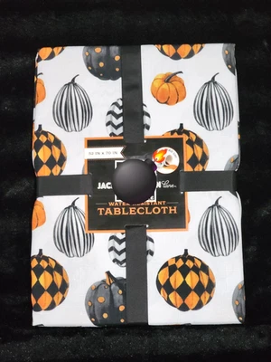 Halloween Orange Black Pumpkins on White Tablecloth 52x70 Fabric MacKenzie Style - Image 1 of 4