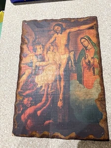 Retablo Mexikanisches Holzgemälde Jesus Kreuzigung Unserer Lieben Frau Guadalupe Engel Dämon - Bild 1 von 6