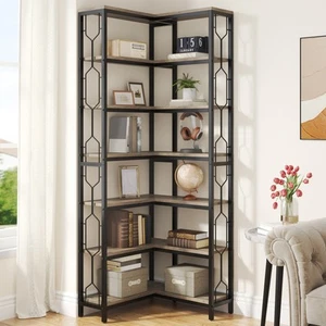 7-Tier Industrial Corner Bookshelf, Wood and Metal Corner Etagere Bookcase - Picture 1 of 10