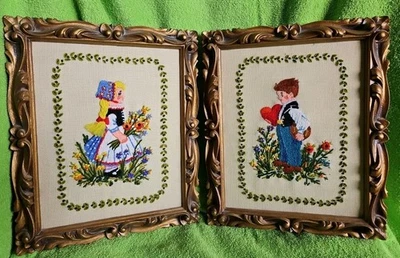 Vintage Two Hummel Framed 1974 Completed Crewel Cross Stitch Little Girl Boy 12” - Image 1 of 4