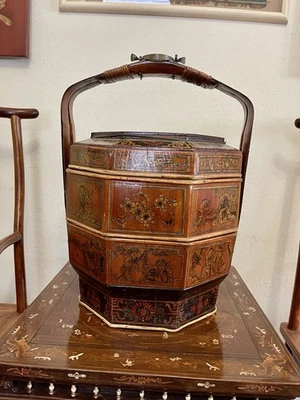 Antique 19C Chinese Wood Wedding Basket,  Signed, lacquered hand painted, Rare - Image 1 of 4