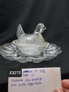 Indiana Glass Hobnail Deviled Egg Dish Serving Plate Tray 11” With Nesting Hen - Picture 1 of 8