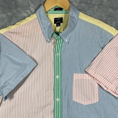 J. Crew Slim Fit Short Sleeve Button Down Shirt XL Colorblock Stripe Flex Washed - Image 1 of 4