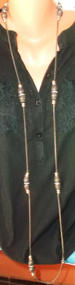 Damen Hals Kette lang Modekette mit Perlen und Strass Lagenlook Trend-142cm lang - Bild 1 von 4