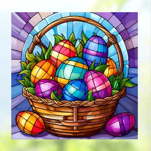 Easter Eggs & Basket Faux Stained-Glass Spring WINDOW CLING Size 8" Square Vinyl - Picture 1 of 2