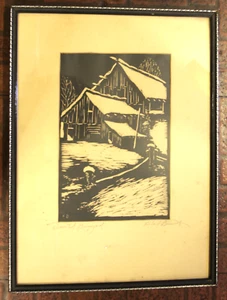 Richard Bennet c.1930s "Deserted Barnyard" Woodcut Print Signed & Gramed - Picture 1 of 3
