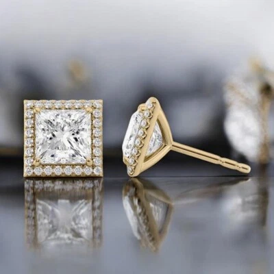 Princess Cut Diamond Stud Earring Womens IGI Lab Created 2.30 Ct 14K Yellow Gol - Image 1 of 4