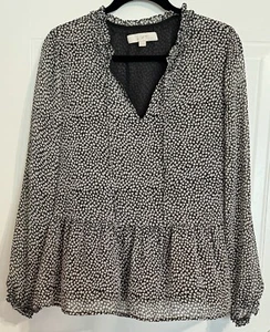 Blusa para mujer LOFT negra y tostada floral manga larga forrada con volantes mediana” - Imagen 1 de 11