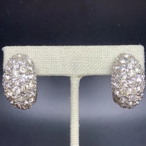 Jomaz Earrings Clear Rhinestone Pave Look Silver Tone Half Hoop Huggie Vintage - Picture 1 of 10