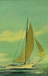ORIGINAL PINTURA AL ÓLEO CON GATO NÁUTICO DAN SMITH '89 CHESAPEAKE BAY FIRMADO - Imagen 1 de 7