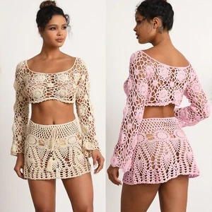 Hand Crochet Long Sleeve Crop Top Short T-Shirt Slim Sexy Skirt Beachwear Suit - Picture 1 of 7